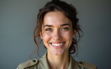 United States servicewoman smiling happily in a studio. High quality
