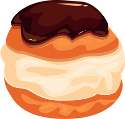 Round cream puff with chocolate ganache and overflowing filling cream on a white background
