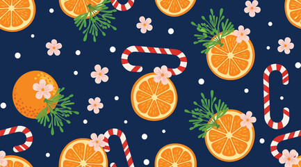 Holiday-themed seamless pattern with orange slices, candy canes, pine sprigs, and snowflake dots on dark blue background. Perfect for winter wrapping paper, seasonal textiles, and festive design proje