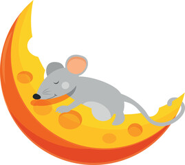 Grey mouse sleeping peacefully on a crescent moon made of cheese, a whimsical illustration perfect for children's books or any project needing a touch of adorable charm
