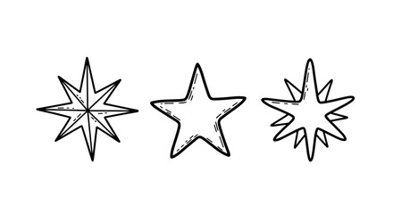 Three hand-drawn star illustrations in different styles  