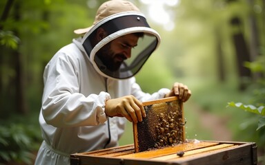 A beekeeper harvests honey from a hive. High quality