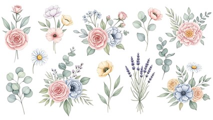 Watercolor floral collection featuring roses, peonies, lavender and eucalyptus