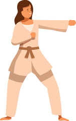 Karate practitioner wearing kimono and belt is performing a karate punch during training