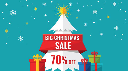 Festive Christmas sale banner with white tree, colorful gift boxes, snowflakes, and red ribbon announcing &ldquo;BIG CHRISTMAS SALE 70% OFF&rdquo; on blue background. Perfect for holiday promotions and marketing.