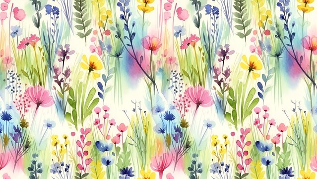 Watercolor floral pattern background with assorted spring flowers and greenery