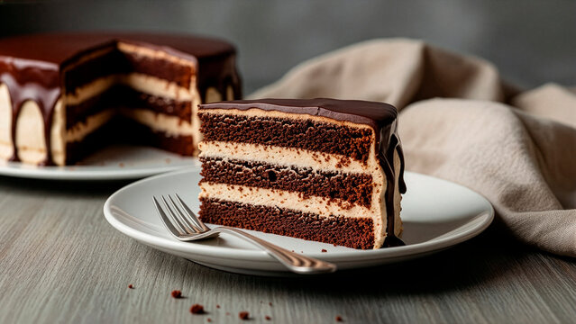 Slice of Layered Chocolate Cake with Cream Filling and Glossy Ganache Topping on a Plate - Powered by Adobe
