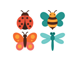 Fototapeta premium Flat vector illustration 4 textile insects (ladybug bee butterfly dragonfly) rounded shapes bright palette