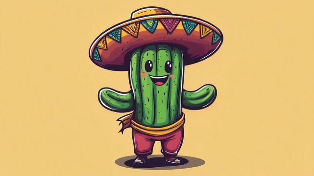 A cheerful cartoon cactus wears a colorful sombrero and red pants. This friendly character embodies Mexican spirit and desert charm.