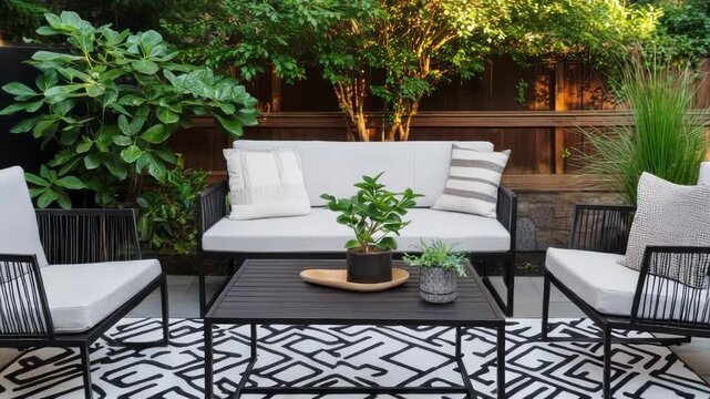 A stylish outdoor patio set creates an inviting backyard oasis. Modern furniture and lush plants offer a perfect relaxation spot.