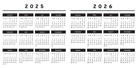 Calendrier 2025 et 2026 en Anglais - Couleurs Noir et Blanc Format 4 Trimestres Vecteur