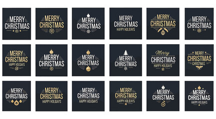Set of 18 elegant Christmas greeting card designs featuring &ldquo;Merry Christmas and Happy New Year&rdquo; in gold and white text on dark backgrounds with festive motifs like stars, snowflakes, and ornaments.