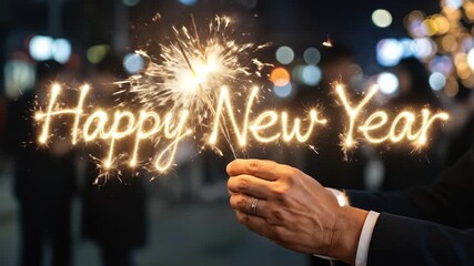 A happy new year celebration sparkler light party night bokeh hand festive joy city outdoor glow holiday greeting happy new year sparkler celebration night city bokeh hand light festive party - Powered by Adobe