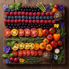 Vibrant Medley of Fresh Fruits, Vegetables, and Herbs on Wood