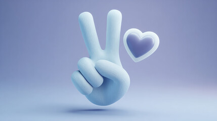 Peace and Love gesture, a symbol of harmony and affection. The hand sign complements the floating heart, set against a gentle lavender.