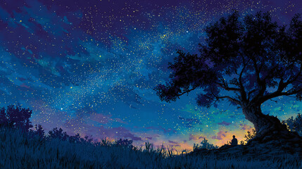 A serene animated night scene with a solitary figure sitting beneath a massive tree silhouetted against a star-filled sky.