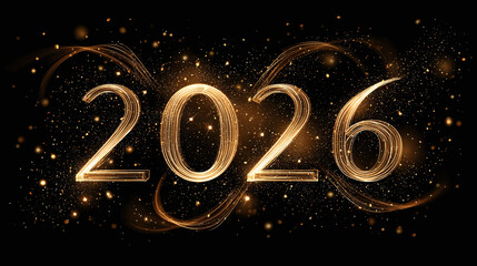 Illuminated gold-toned "2026" against a black backdrop, sparkling with golden specks and ribbon-like swirls, signaling a new year and celebration.