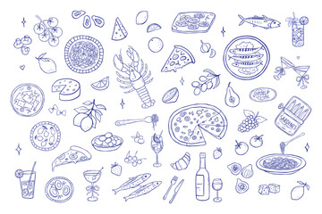 Mediterranean food doodles collection with strawberry, ravioli, salmon and vegetables line set. Vintage sketch summer elements perfect for menu or beach party designs. Dinner dish on plate and drink