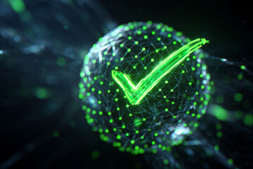 Bright green check mark glows inside digital network sphere, approval, verification, successful compliance. Abstract image shows quality assurance, correctness, global trust in modern, data-driven