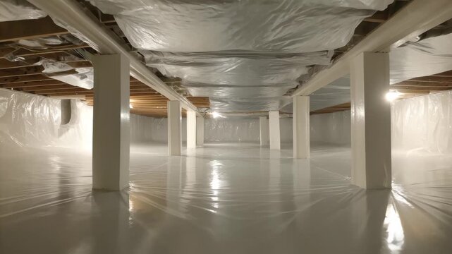 Bright and clean crawl space in a home with plastic sheeting and bright lights during renovation