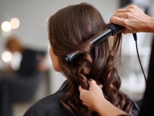 Fototapeta premium Hair stylist curling long brunette hair with heated wand in a bright salon atmosphere