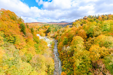 秋の玉川温泉大橋から見た景色　秋田県仙北市　Autumn view from Tamagawa Onsen Bridge. Akita Pref, Semboku City.
