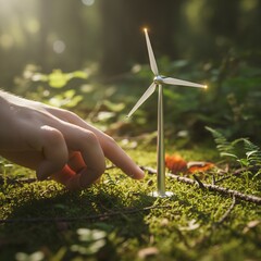 Nurturing Green Energy: Hand and Miniature Wind Turbine in Nature