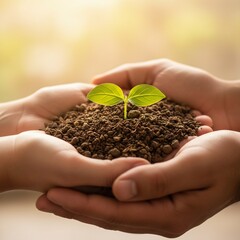 Nurturing New Life: Hands Holding a Growing Seedling