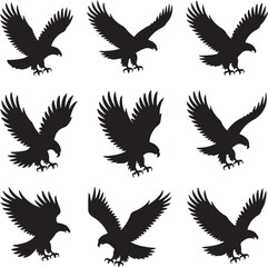 Obraz premium Black Eagle Silhouettes in Various Flight Positions on White Background Graphic