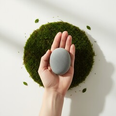 Hand holding a smooth grey stone above a moss circle