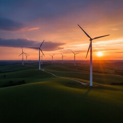 Vibrant Sunset over Rolling Hills with Wind Turbines