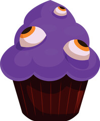 Spooky halloween cupcake with purple icing and candy eyeballs staring out, perfect for a spooky celebration