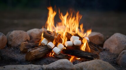 Marshmallows roasting over a vibrant campfire with glowing flames and logs