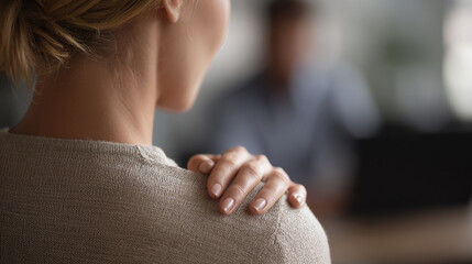 Woman's hand rests on her shoulder, embodying empathy and support. The image evokes trust and compassion during a counseling session.