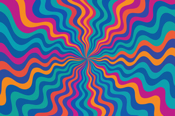 Swirl groovy starburst stripe rainbow background pattern for retro mood. Retro spiral and starburst with sun for posters and web or print. Abstract psychedelic burst wavy design by lines.
