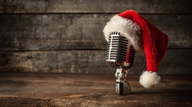 Christmas music time!  Vintage microphone wearing Santa hat on wood background. Festive holiday season vibes, musical performance concept.