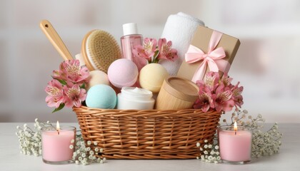 Wicker spa gift basket filled with bath bombs, body care products, a towel, and a wrapped present decorated with pink alstroemeria flowers and lit candles on a light background