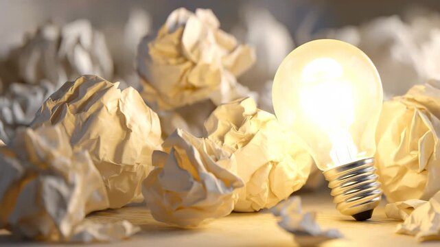 Bright light bulb surrounded by crumpled paper symbolizes ideas and creativity in a workspace setting