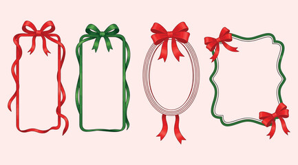 Collection of four decorative holiday picture frames adorned with red and green ribbons and bows, perfect for christmas or festive greeting card design elements