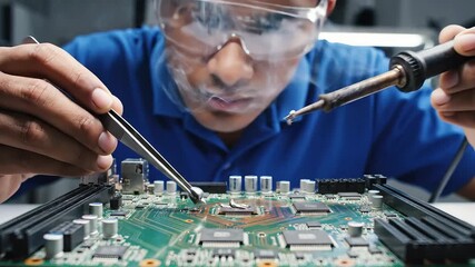 Focused Electronics Technician Skillfully Soldering a Circuit Board in a WellLit Workshop Wearing Safety Goggles for Protection and Precision.