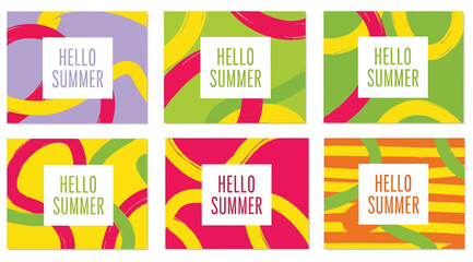Set of six colorful abstract summer greeting card templates with brush stroke design and text that reads hello summer, perfect for seasonal promotion or vibrant background use