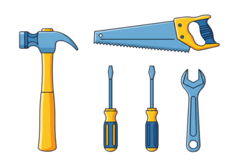 Home repair toolkit with hammer, saw, screwdrivers, and wrench for DIY projects and professional contractors, perfect for construction and handyman services