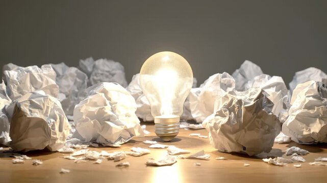 Crumpled paper surrounding a light bulb on a wooden table showcasing the creative process and idea generation in a simple workspace