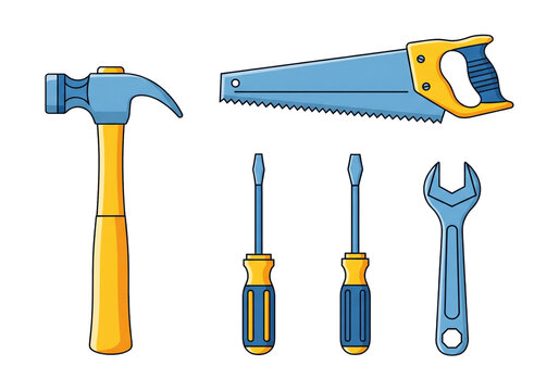 Home repair toolkit with hammer, saw, screwdrivers, and wrench for DIY projects and professional contractors, perfect for construction and handyman services