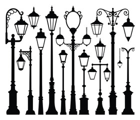 Collection of various vintage and classic black silhouette street lamps and lanterns
