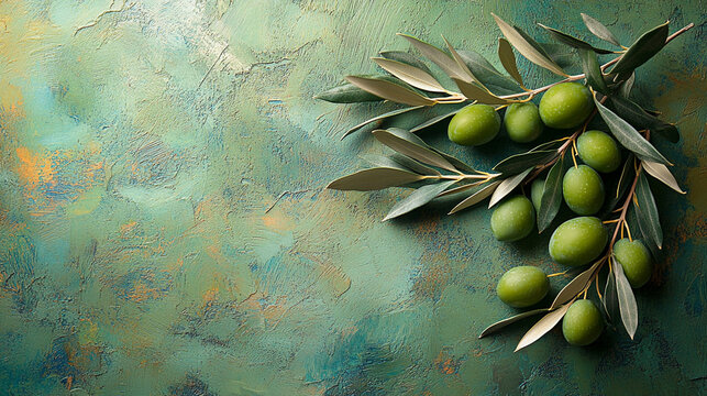 Fresh olive branch on textured green backdrop creates a Mediterranean vibe, perfect for culinary designs or organic beauty product marketing materials