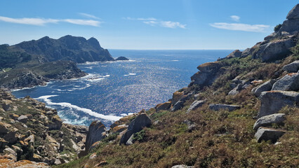 beautiful landscape view of the cies islands from the top of its mountains and its crystalline beaches