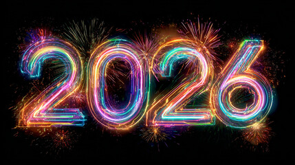 Glowing neon year two thousand twenty six with fireworks on a black background