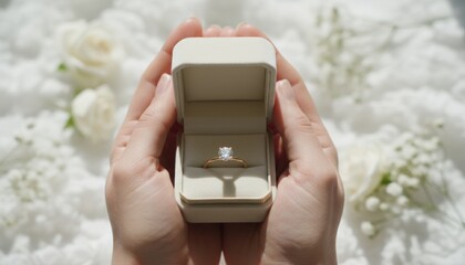 Classic gold solitaire diamond engagement ring in an elegant cream box held open by hands, shot from above with a romantic, blurry white floral background
