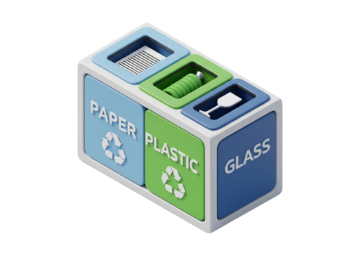 Stylish recycling bins for paper, plastic, and glass promote sustainability and eco-friendly lifestyle choices, ideal for education and environmental awareness - Powered by Adobe